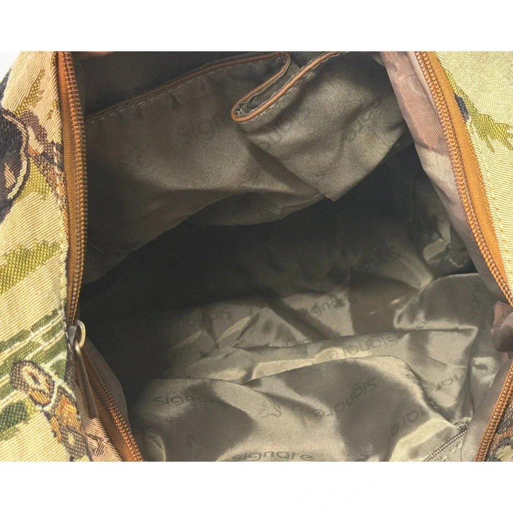 Signare Hobo Bag English Horse Riding Equestrian Print Tan Woven Tapestry Purse
